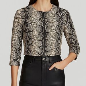SUSAN BENDER Calf Hair Leather And Silk Python Snake Print Crop Moto Jacket